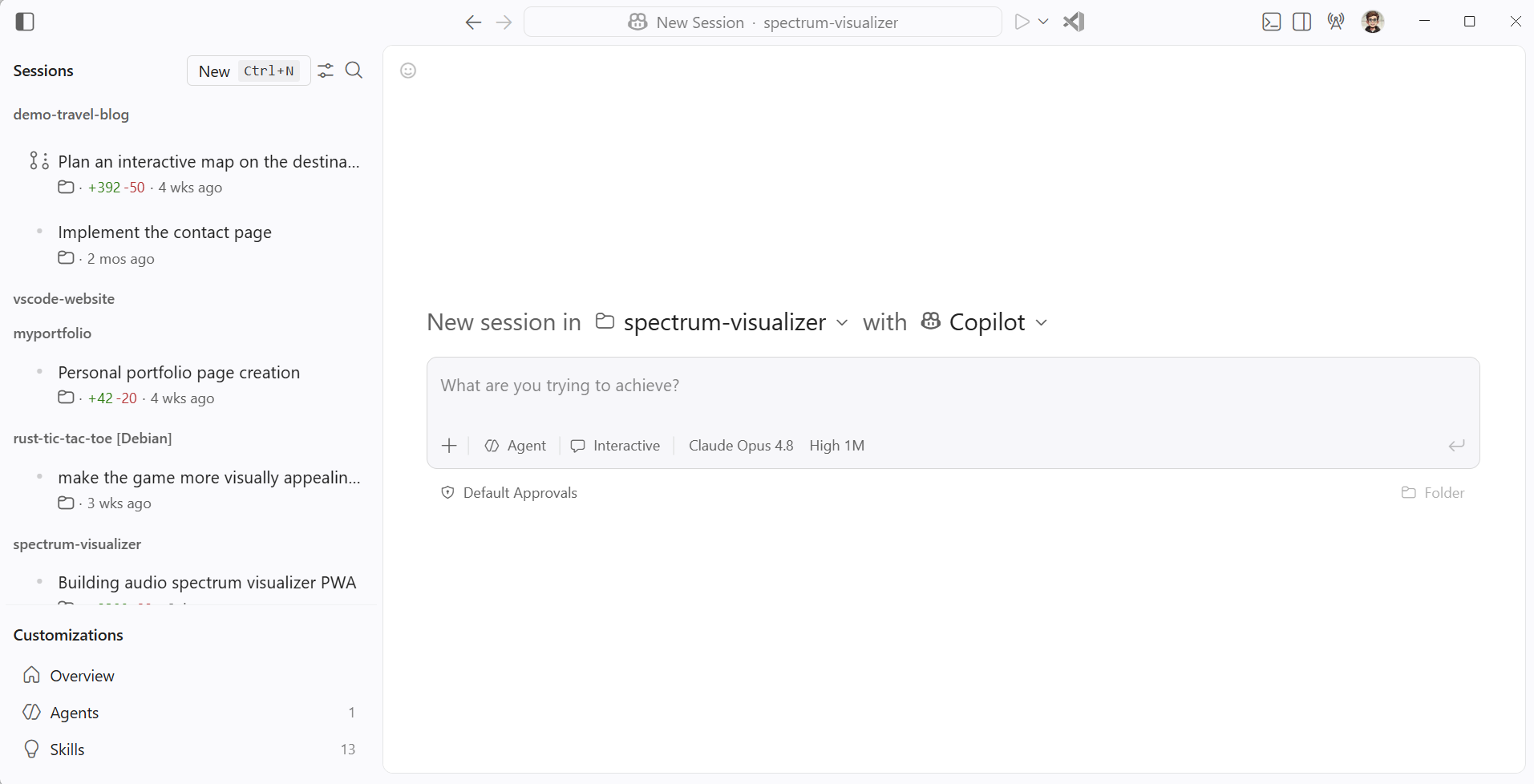Screenshot of VS Code showing the Sessions panel with a mix of local, background, and cloud agent sessions with status badges and action buttons.