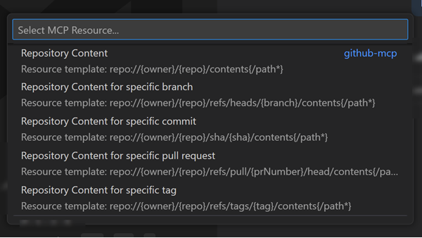 Screenshot that shows the MCP Resources Quick Pick.