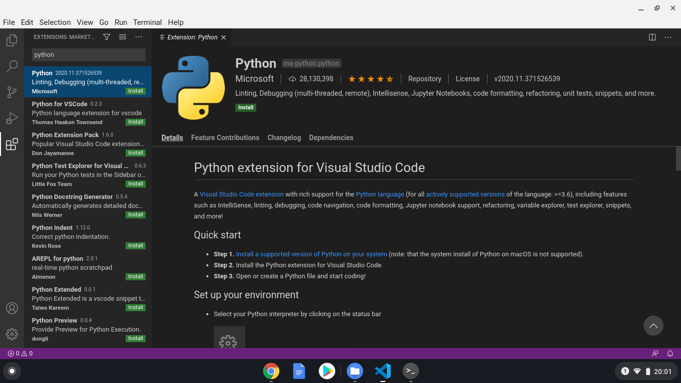 Installing the Python extension for VS Code
