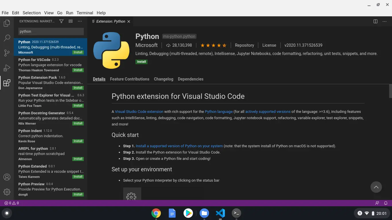 Installing the Python extension for VSĀ Code