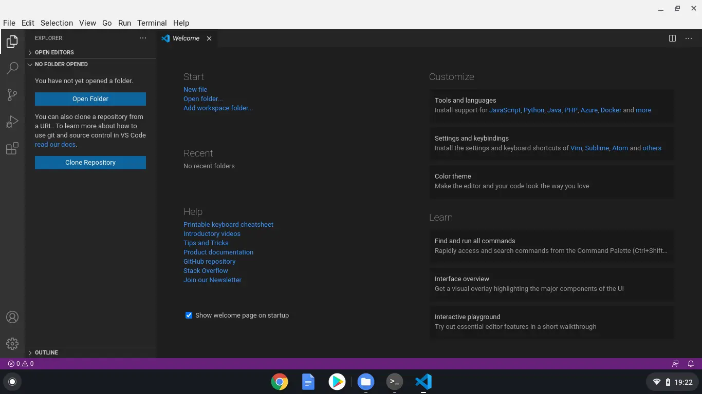 VSĀ Code running on the Chromebook