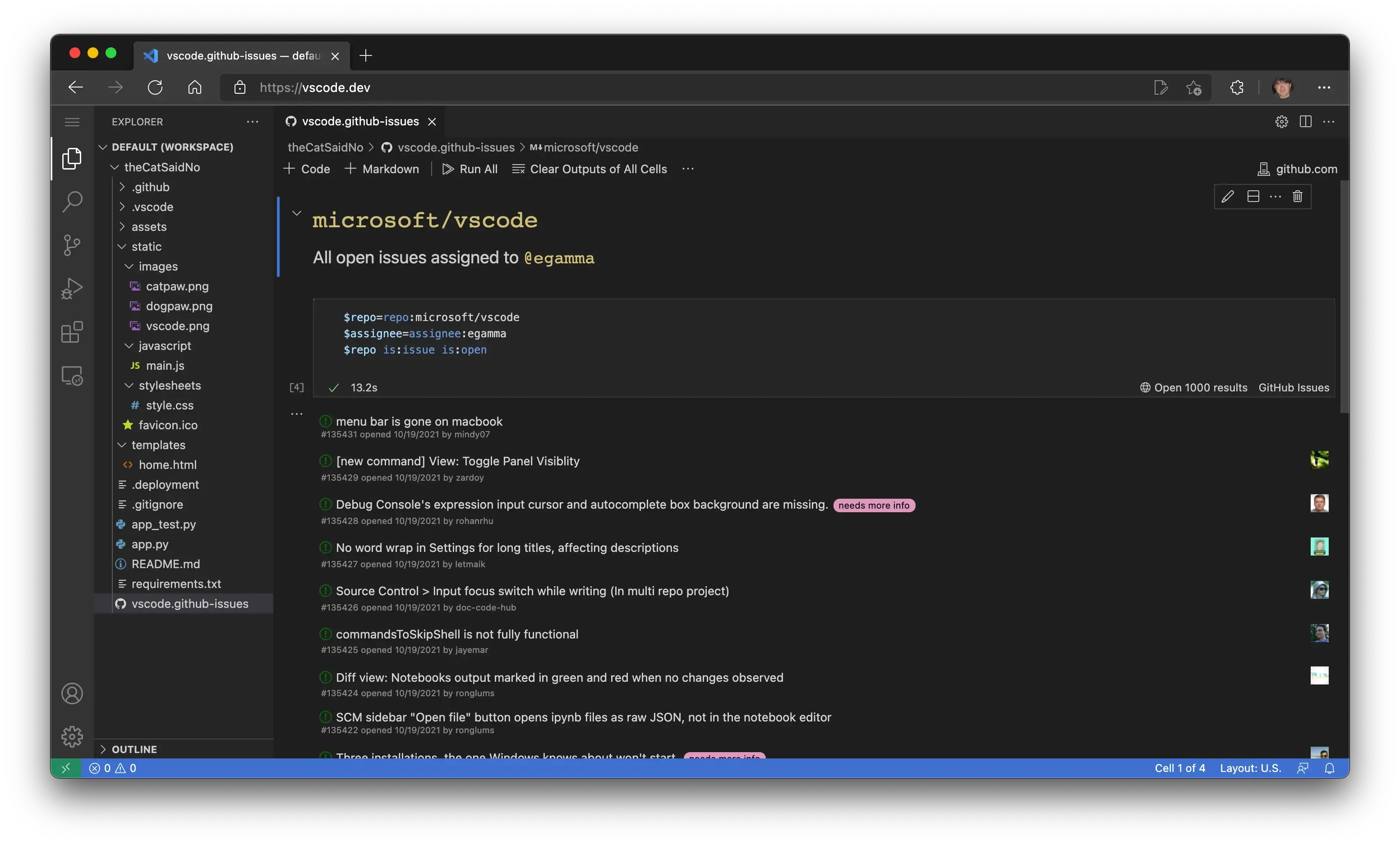GitHub Issue Notebooks extension running in vscode.dev