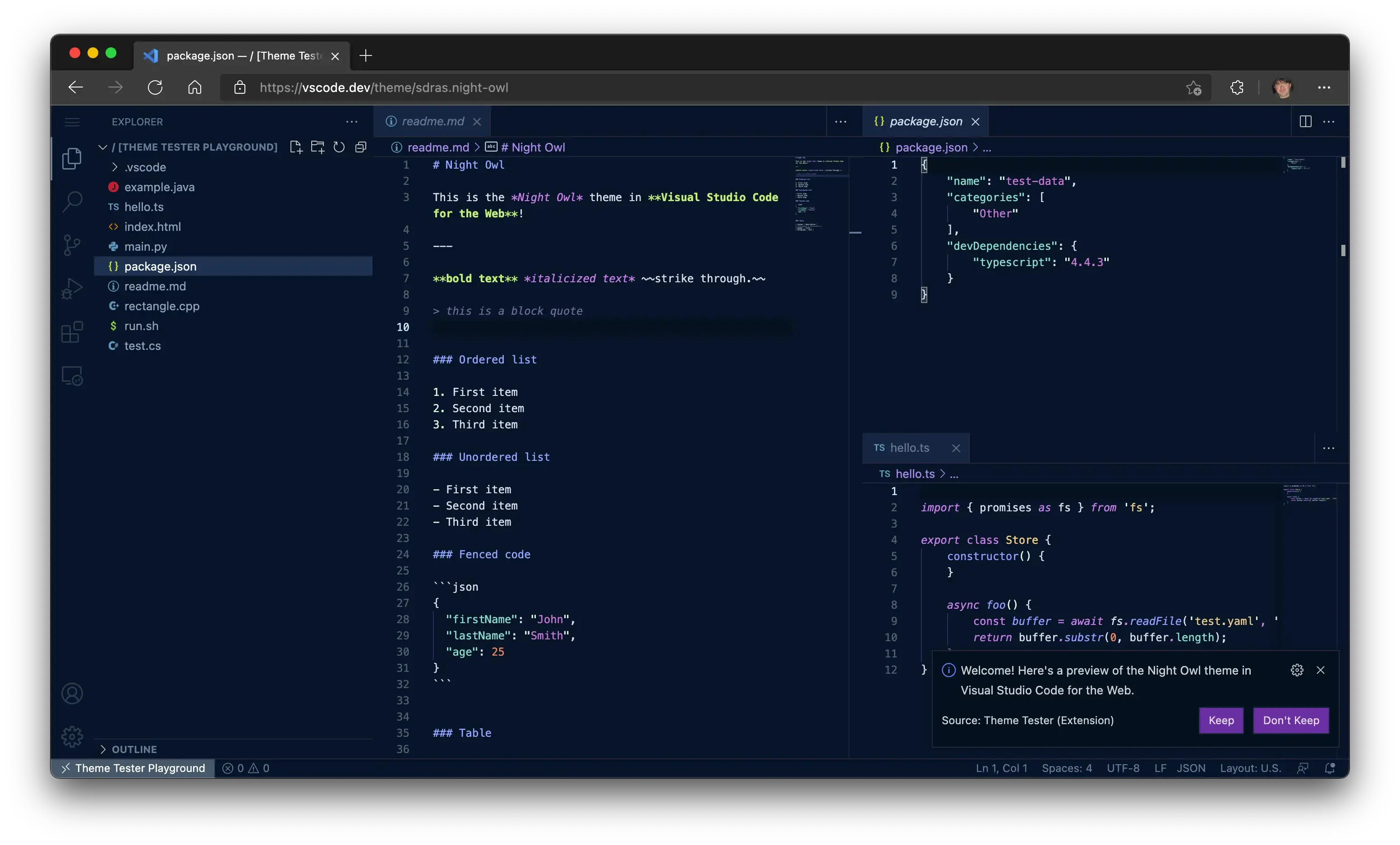 Night Owl color theme in vscode.dev