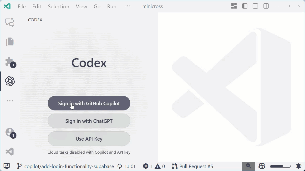 OpenAI Codex sign-in panel in VS Code
