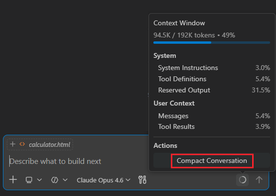 Screenshot showing the context window control and the compact option.