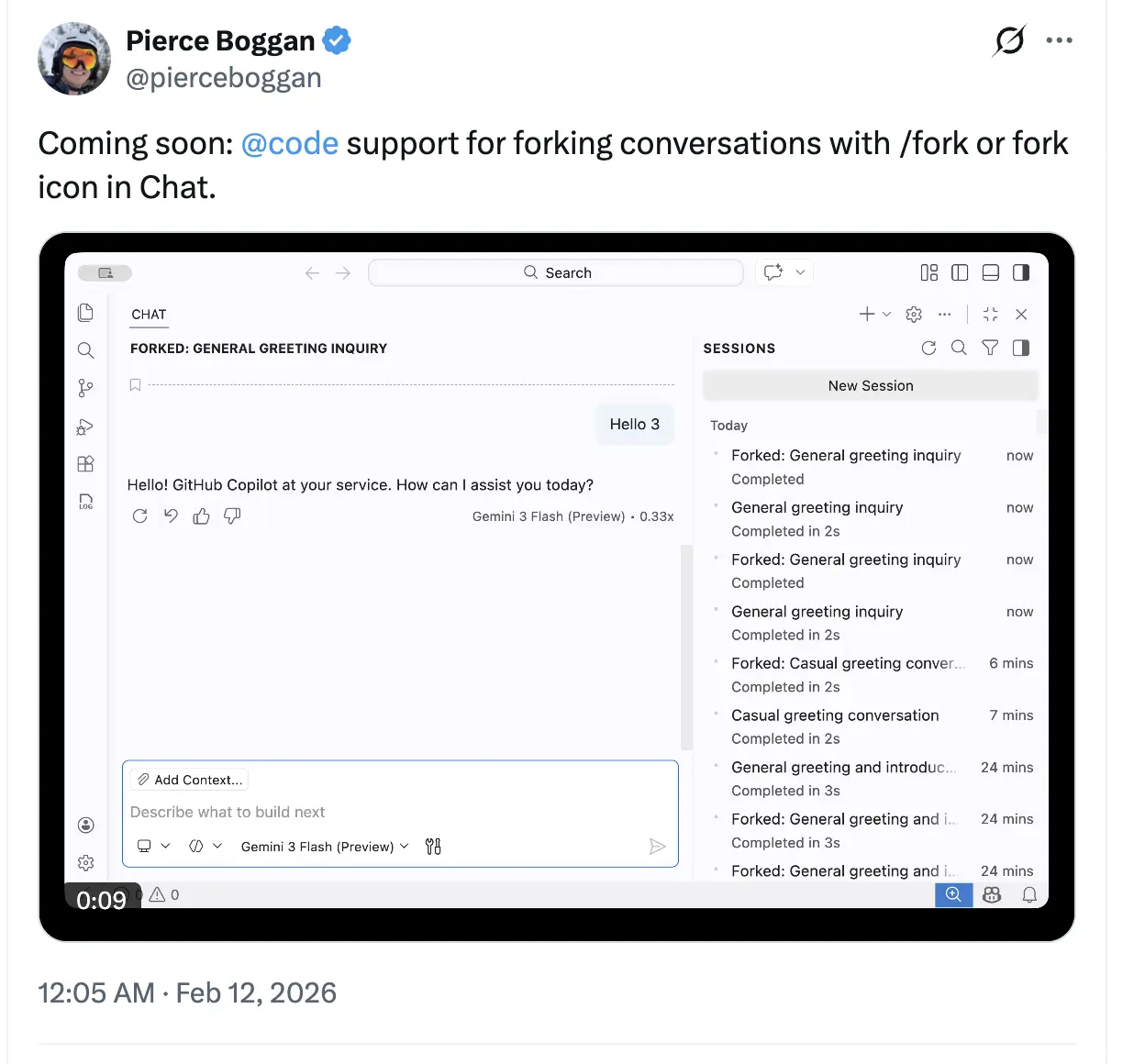 A screenshot of an X post from @pierceboggan sharing that the fork feature is coming to VS Code.