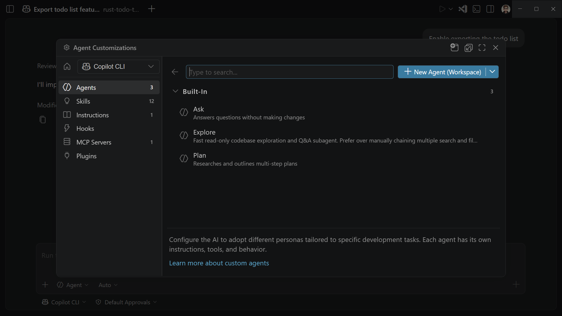 Screenshot showing the Agent Customizations editor with Copilot CLI custom agents and customization categories.