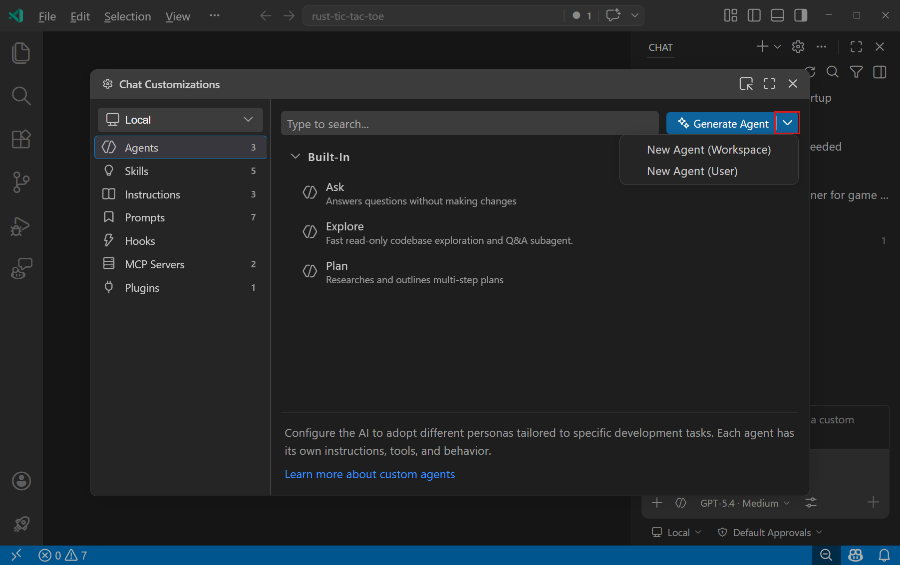Screenshot of the Agent Customizations editor, showing the Agents tab and the dropdown to create a new custom agent.