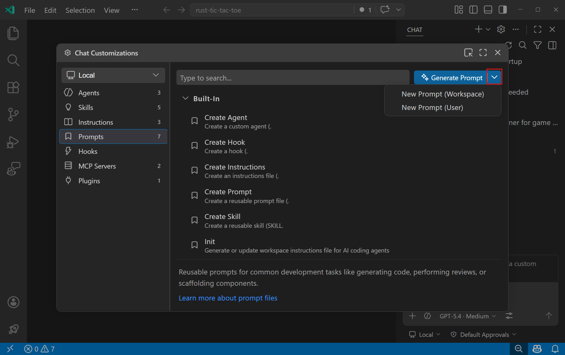Screenshot of the Agent Customizations editor, showing the Prompts tab and the dropdown to create a new prompt file.