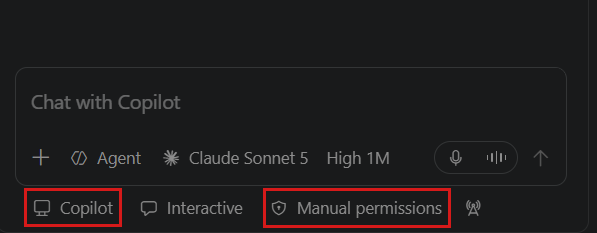 Screenshot of selecting the Copilot agent harness and the Agent role with Manual permissions.