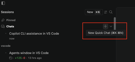 Screenshot showing the quick chats group in the Agents window, with + button to start a new quick chat highlighted.