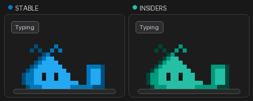 Screenshot showing the Stable and Insiders pets typing at a tiny terminal.