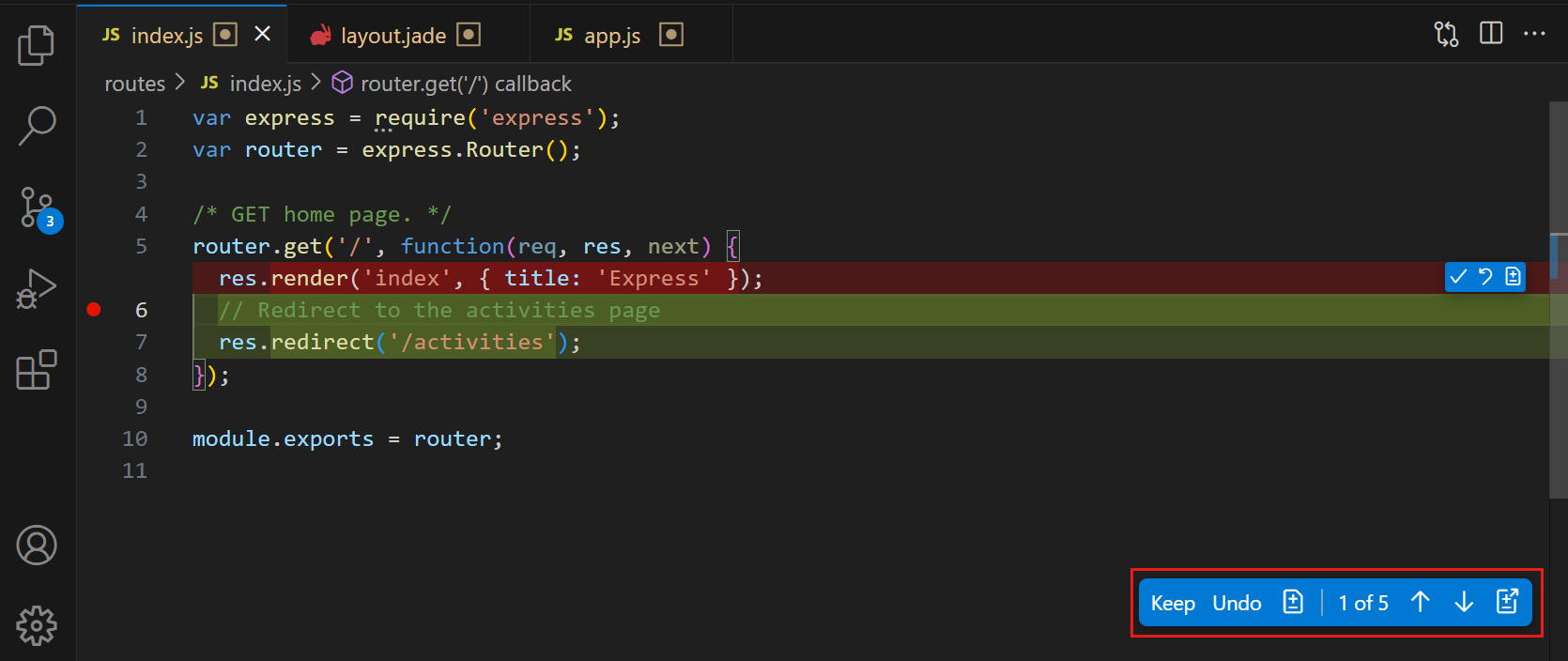 Screenshot showing the Editor with proposed changes, highlighting the review controls in the editor overlay controls.