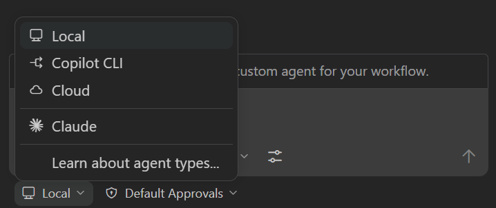 Screenshot showing agent target dropdown in the Chat view.