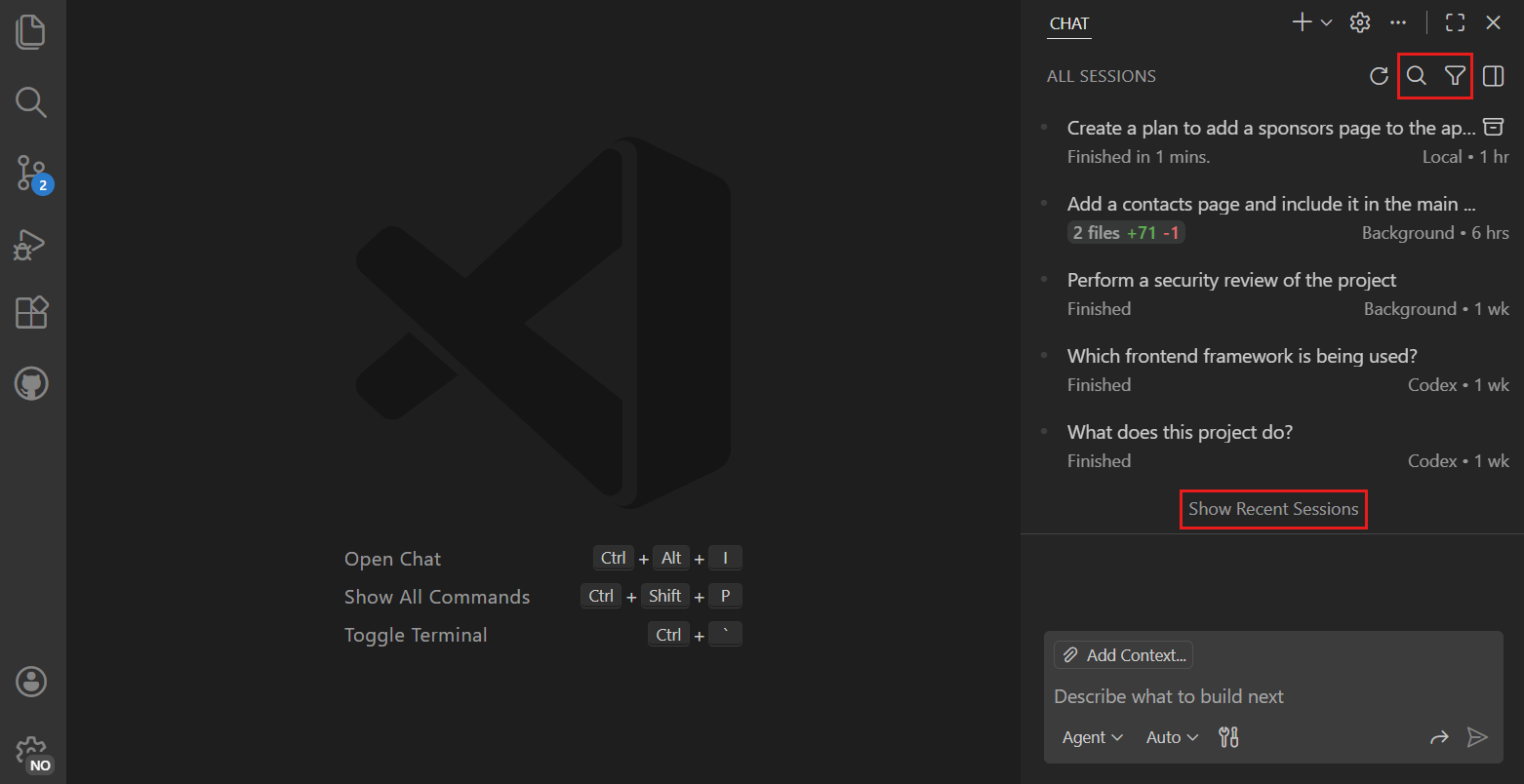 Screenshot of the Chat view in compact mode showing recent agent sessions.
