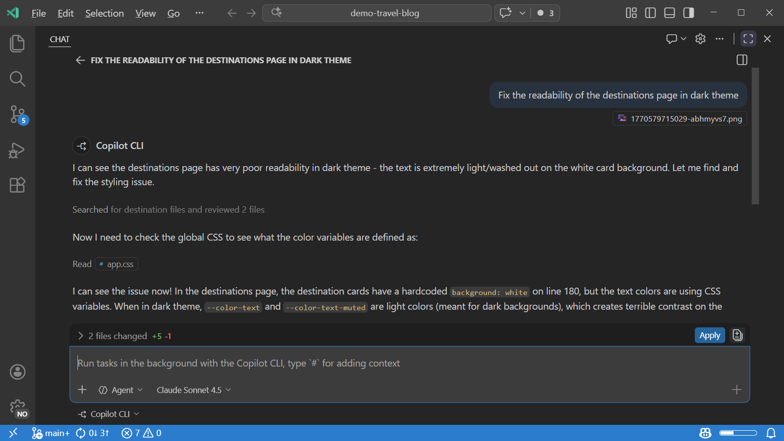 Screenshot of Copilot CLI session as a chat editor in VS Code.