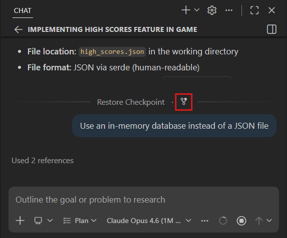 Screenshot of the Fork Conversation button in the checkpoint toolbar in the Chat view.