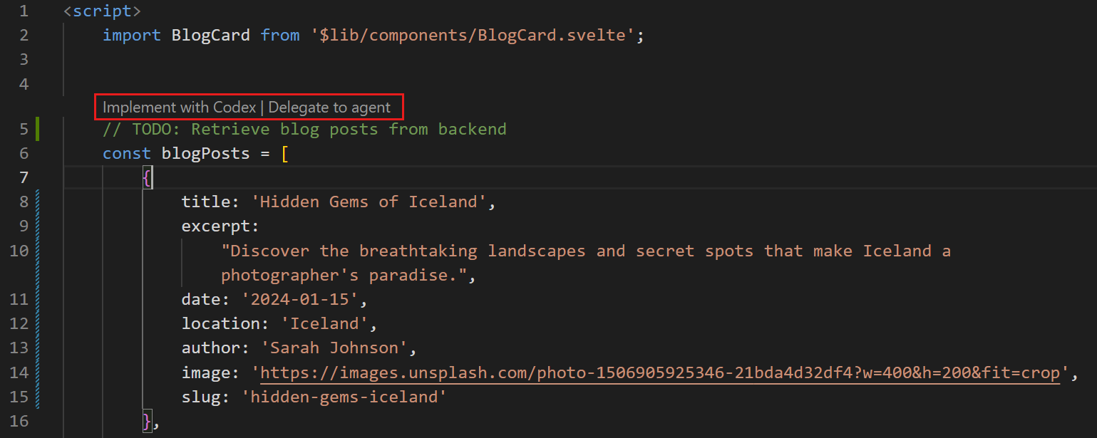 Screenshot of a code editor with a Delegate to Agent code lense above a TODO comment.