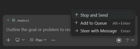 Screenshot of the Send button dropdown menu showing options to queue, steer, or stop and send a new message.