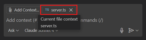 Screenshot of the Chat view, showing the active file as a suggested context item in the chat input box.