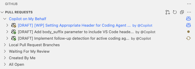 Screenshot showing status of multiple coding agent pull requests