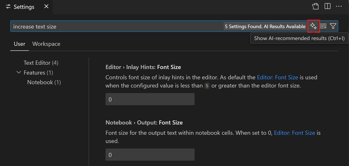 Screenshot that shows the Settings editor showing AI-generated suggestions for settings.