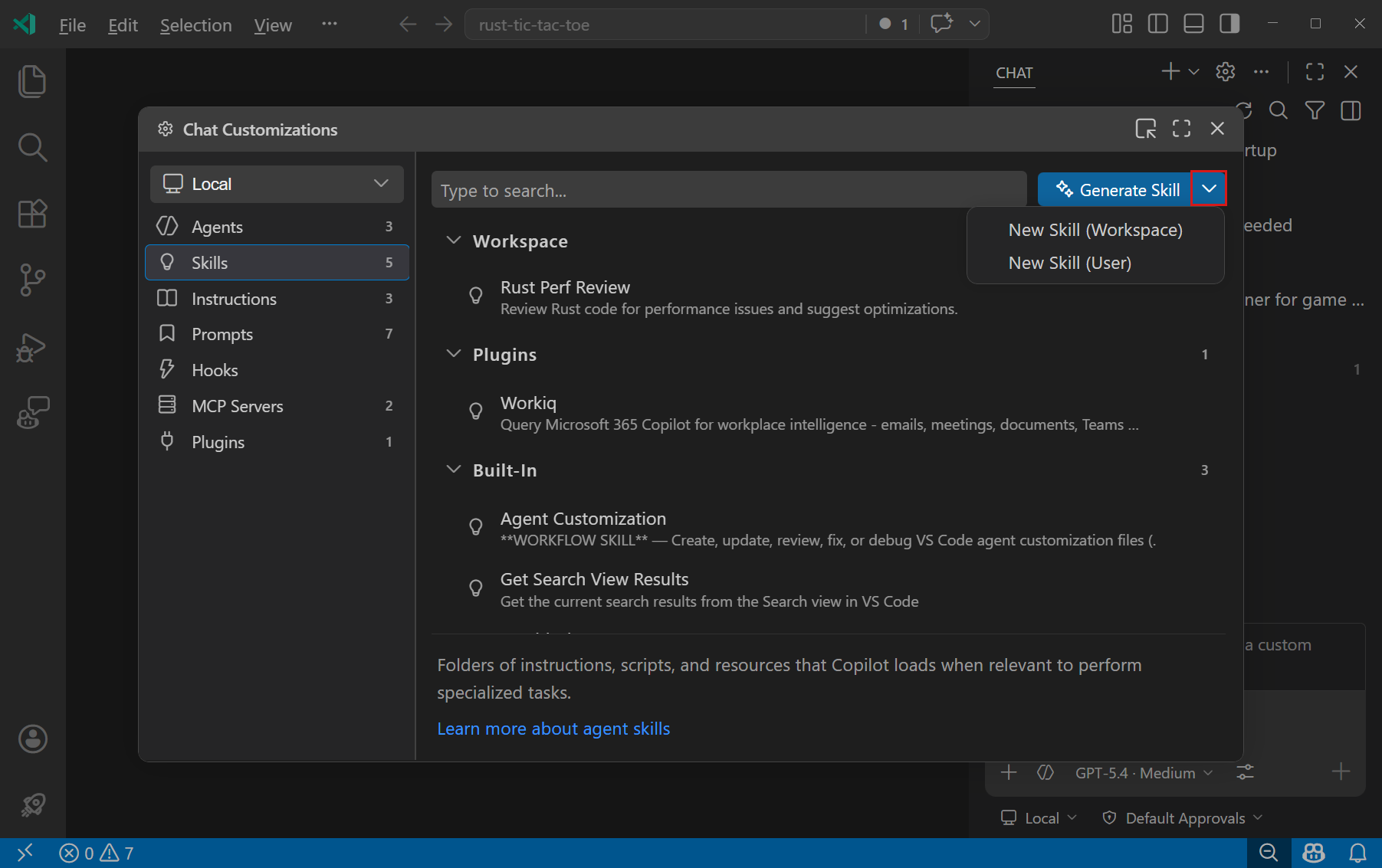 Screenshot of the Chat Customizations editor, showing the Skills tab and the dropdown to create a new skill.