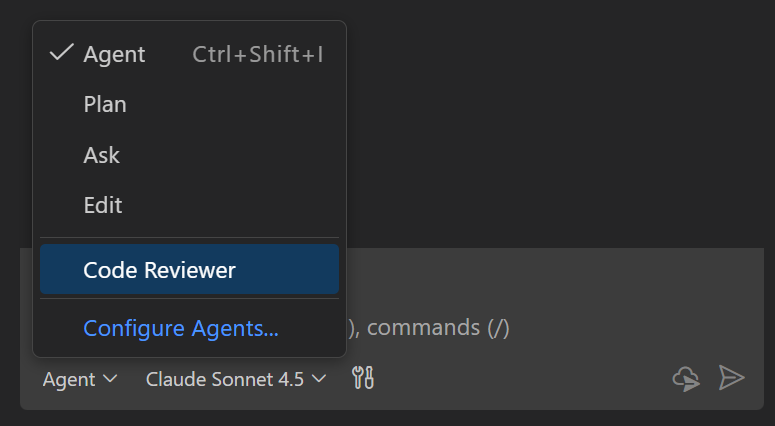 Screenshot showing the Code Reviewer custom agent in the agent picker.