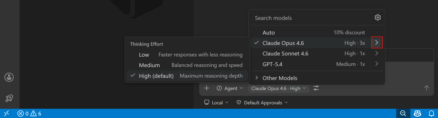 Screenshot showing the Thinking Effort submenu in the model picker, with different effort levels such as None, Low, Medium, and High.