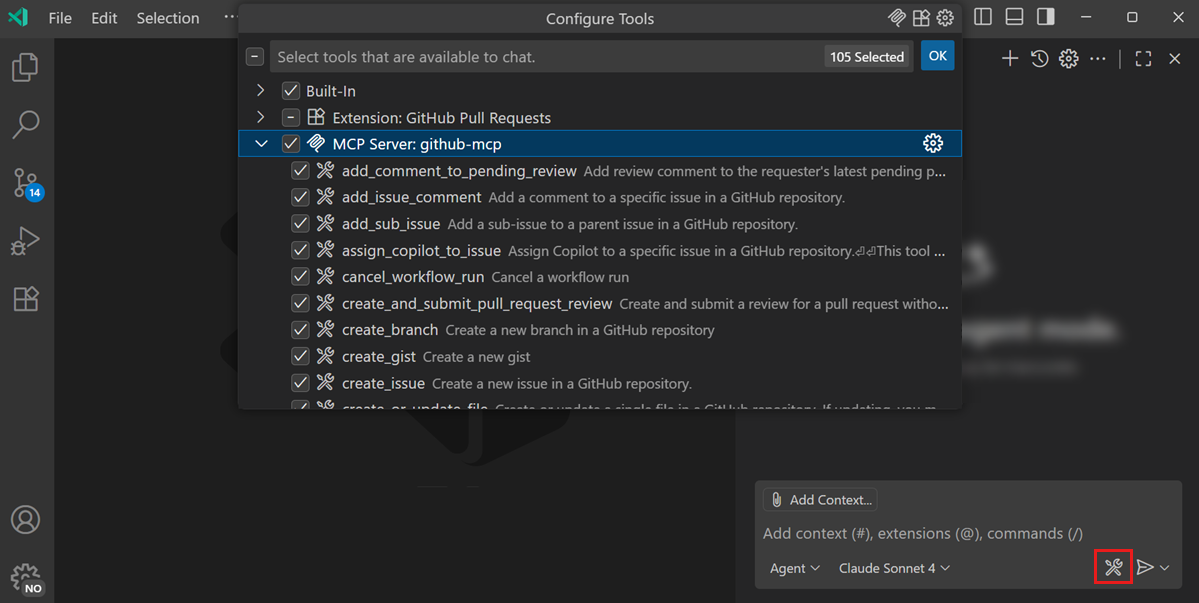 Screenshot showing the Chat view, highlighting the Tools icon in the chat input and showing the tools Quick Pick where you can select which tools are active.