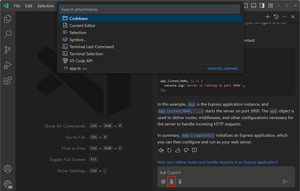 Screenshot of Chat view, showing the Attach context button and context Quick Pick.