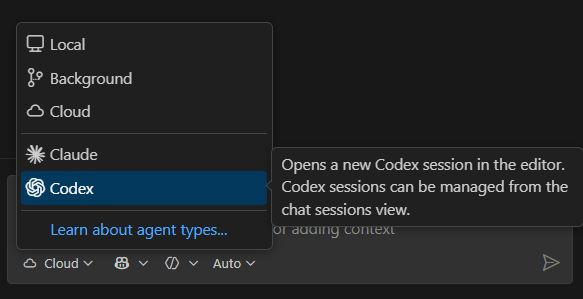 Screenshot showing session type dropdown with Codex agent option selected.