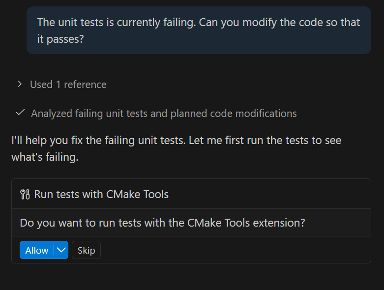 Screenshot of the Chat view, showing a prompt to fix failing unit tests, which invokes run ctest.