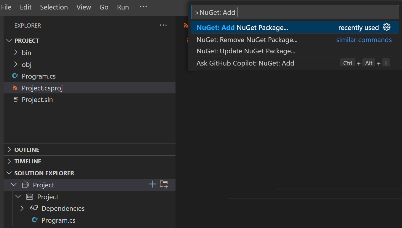 Screenshot showing command 'NuGet: Add NuGet Package' in the command palette