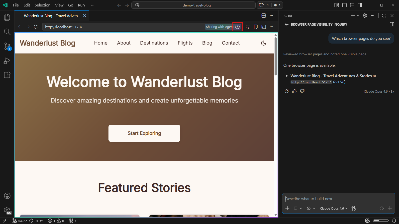 Screenshot showing the integrated browser, highlighting the Share with Agent button. The Chat view shows that the agent can see the shared browser page.