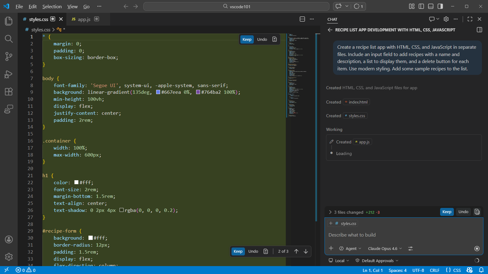 Screenshot that shows the agent generating the recipe list app in the Chat view.