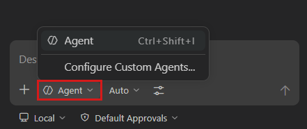Screenshot that shows the Agent mode selector in the Chat view.