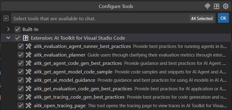 Screenshot showing the Chat view in Visual Studio Code with Agent mode selected. The Tools button is highlighted, displaying a list of available tools including Agent Code Gen, AI Model Guide, Evaluation Code Gen, and Tracing Code Gen.