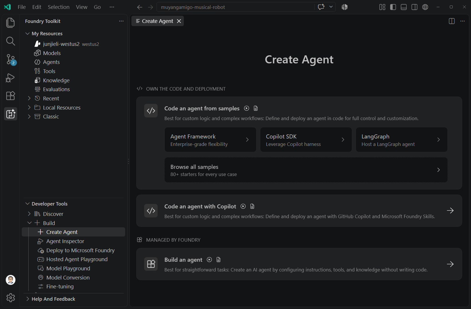 Screenshot showing the Create Agent page with options to start from samples, code with Copilot, or build an agent in Agent Builder.