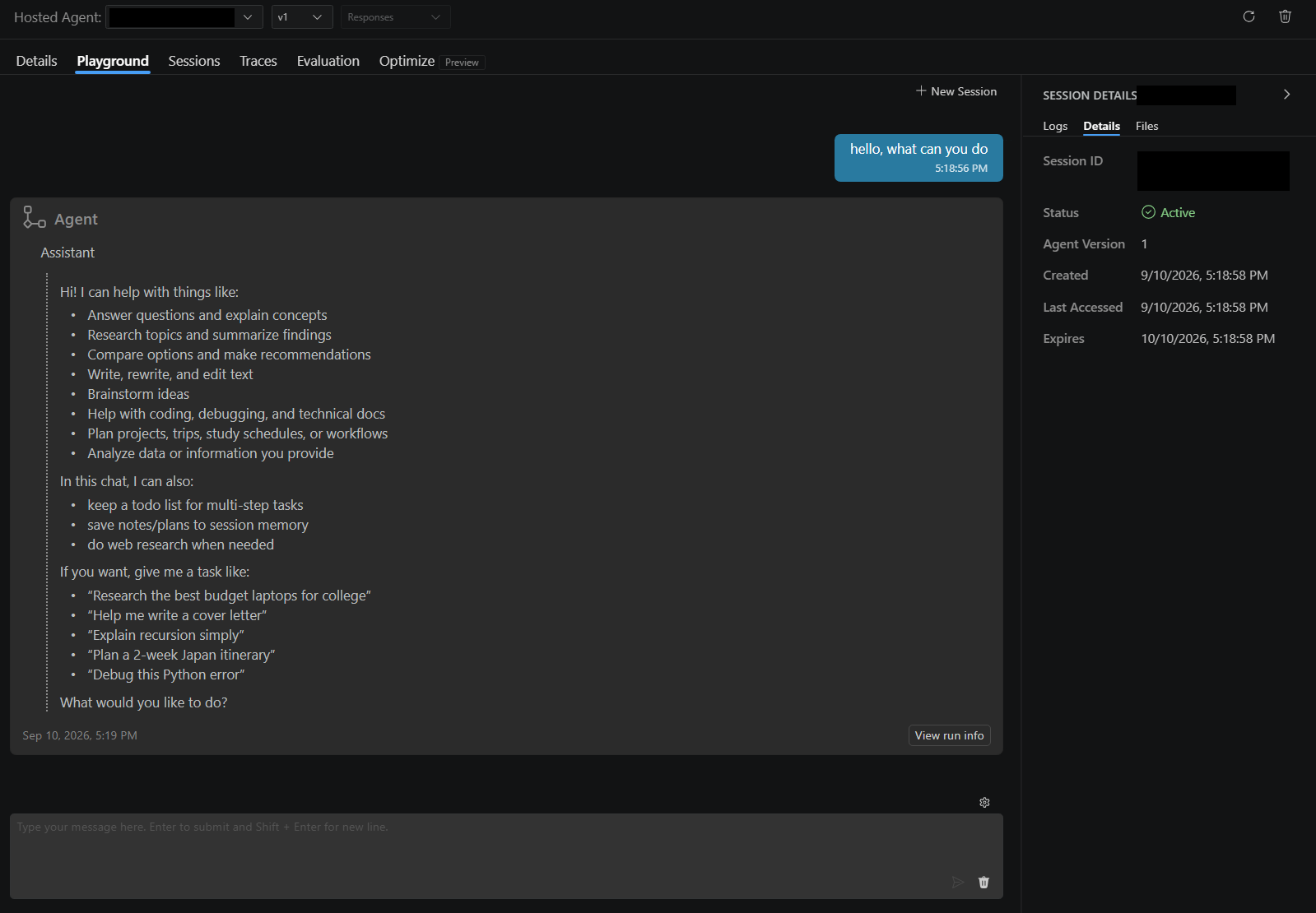Screenshot showing the remote hosted-agent playground with a response, session details, and tabs for inspecting the deployed agent, with agent and session identifiers redacted.