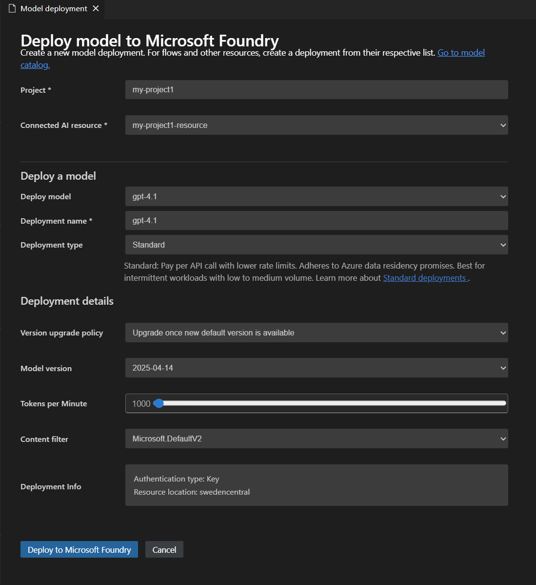 Screenshot of the AI Toolkit interface showing the model deployment tab with fields for model name, description, and additional settings.