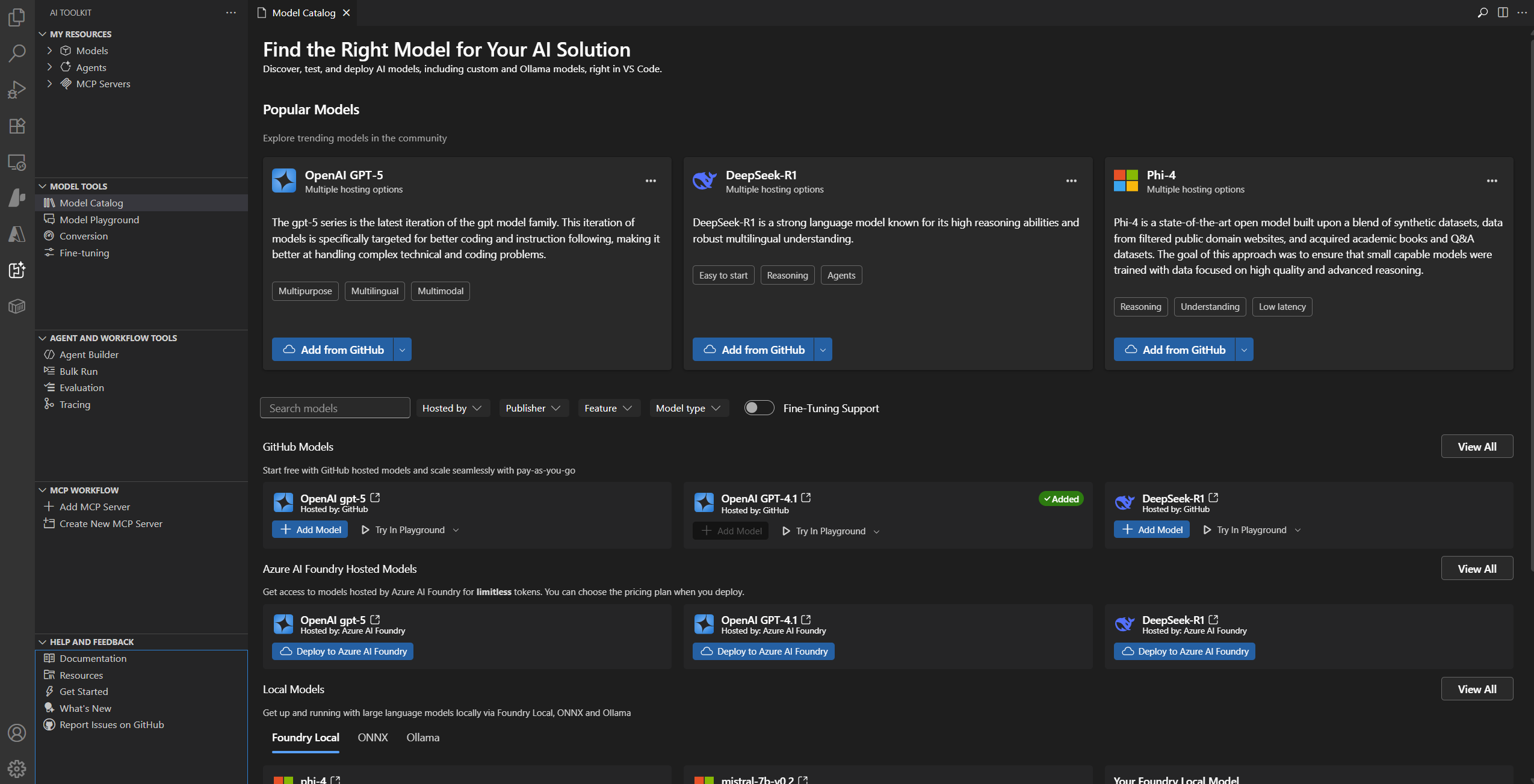 Screenshot showing the AI Toolkit Model Catalog interface with various AI model options