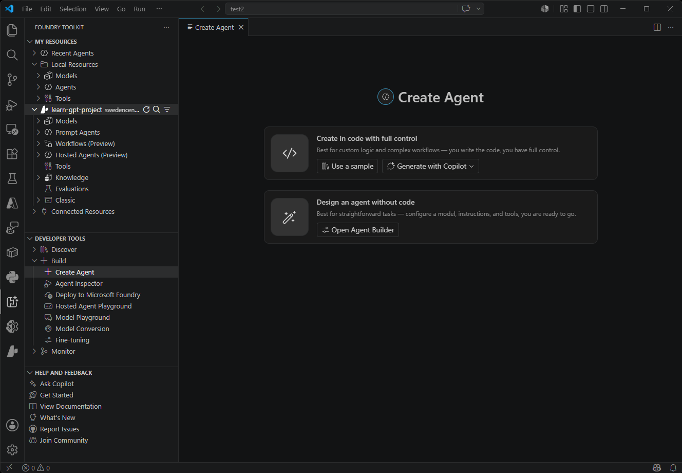 Screenshot showing the Create Agents interface with various starting points for creating a new agent