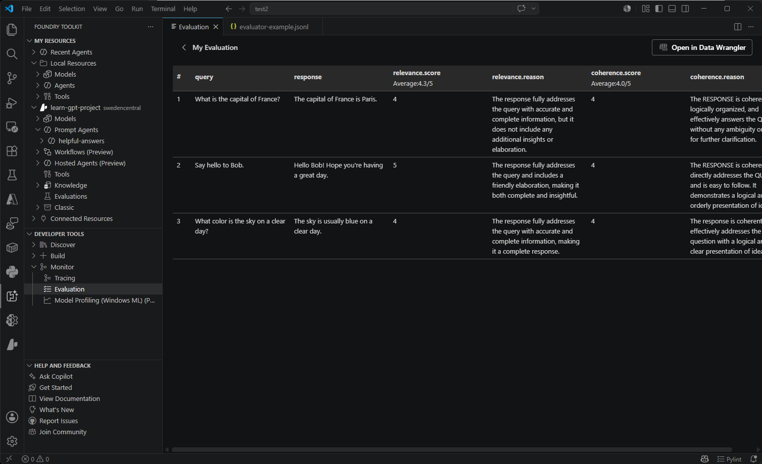 Screenshot showing the Model Evaluation interface with metrics and performance analysis tools