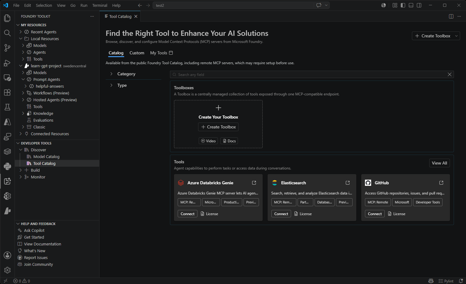 Screenshot showing the tool catalog with a list of many tools hosted in Foundry