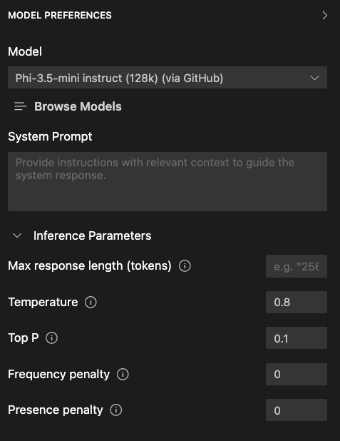 Model Preferences panel displaying adjustable parameters for generative AI models