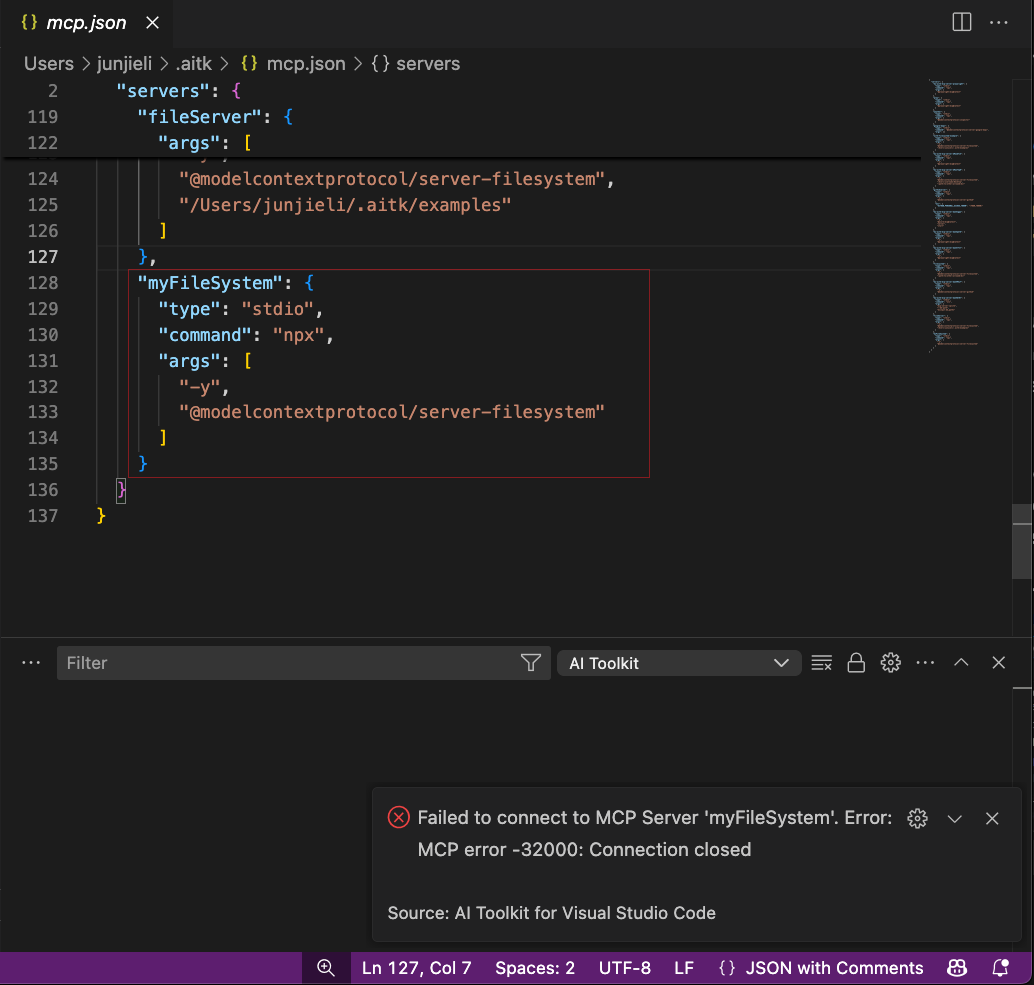 Screenshot showing an example of a missing arg exception
