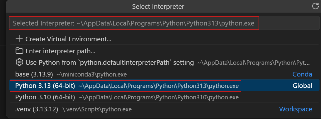 Screenshot showing the Select Interpreter quick pick with the currently selected interpreter at the top, and a list of discovered environments labeled by type such as Conda, Global, and Workspace.