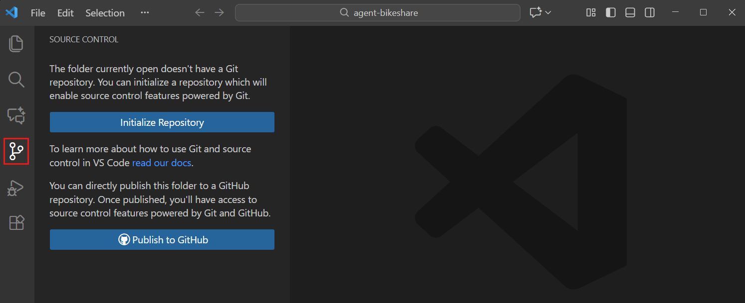Screenshot of the Source Control view with the Initialize Repository button highlighted.