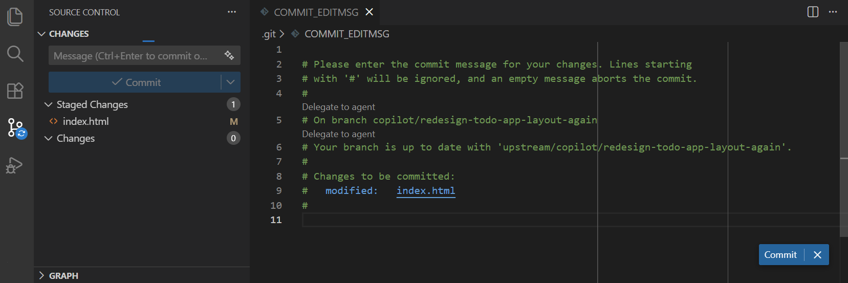 Screenshot of the COMMIT_EDITMSG editor for writing commit messages.